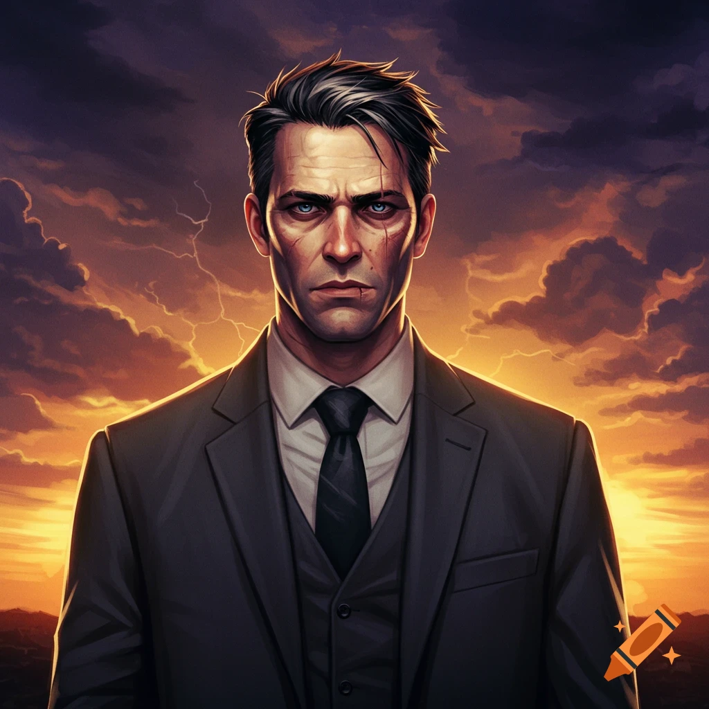 A stern man in a suit with face scars stands against a stormy sky.