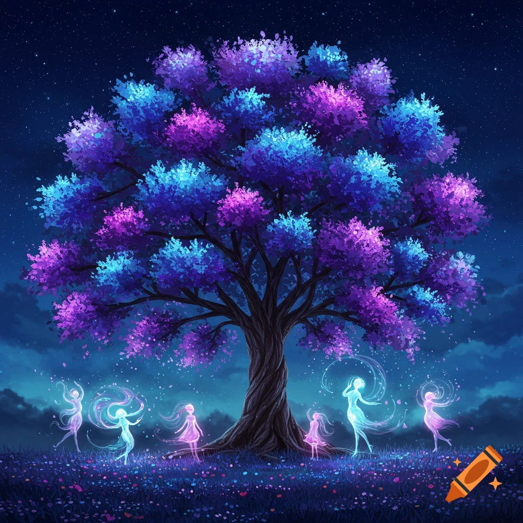 A magic tree with glowing blue and purple leaves, surrounded by spirits and flowers at night.