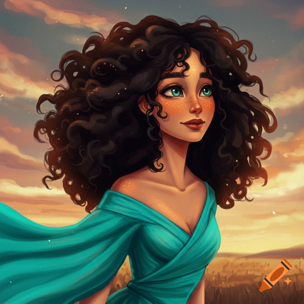 A woman with long curly hair looks up at a dramatic sunset sky over a field.
