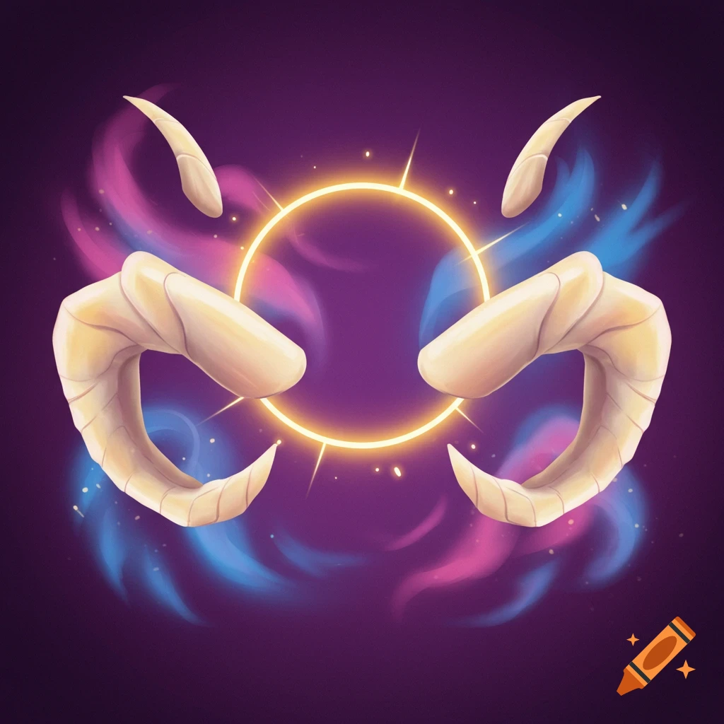 Stylized horns surround a glowing halo with pink and blue energy on a purple background.