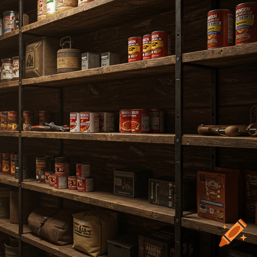 A close-up view of weathered wooden shelves filled with various canned goods, boxes, and bags in a supply room or pantry.