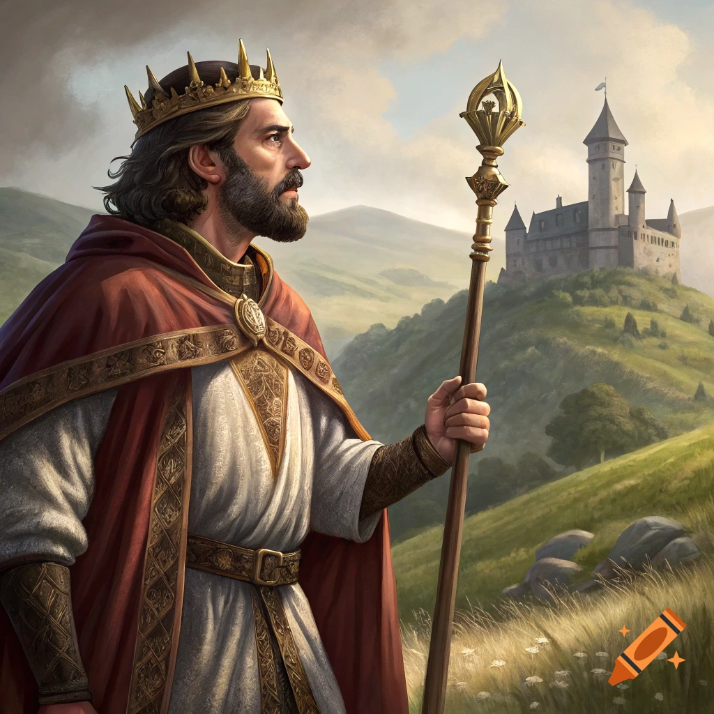 Medieval king or lord holding a staff, standing in a field with a castle on a hill in the background in a painting style.