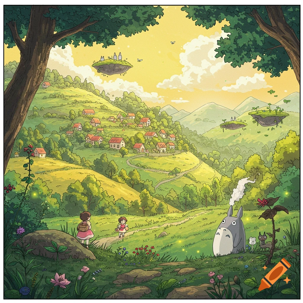 Stylized landscape of a village on a hill with floating islands. Totoro and small creatures sit in the foreground.