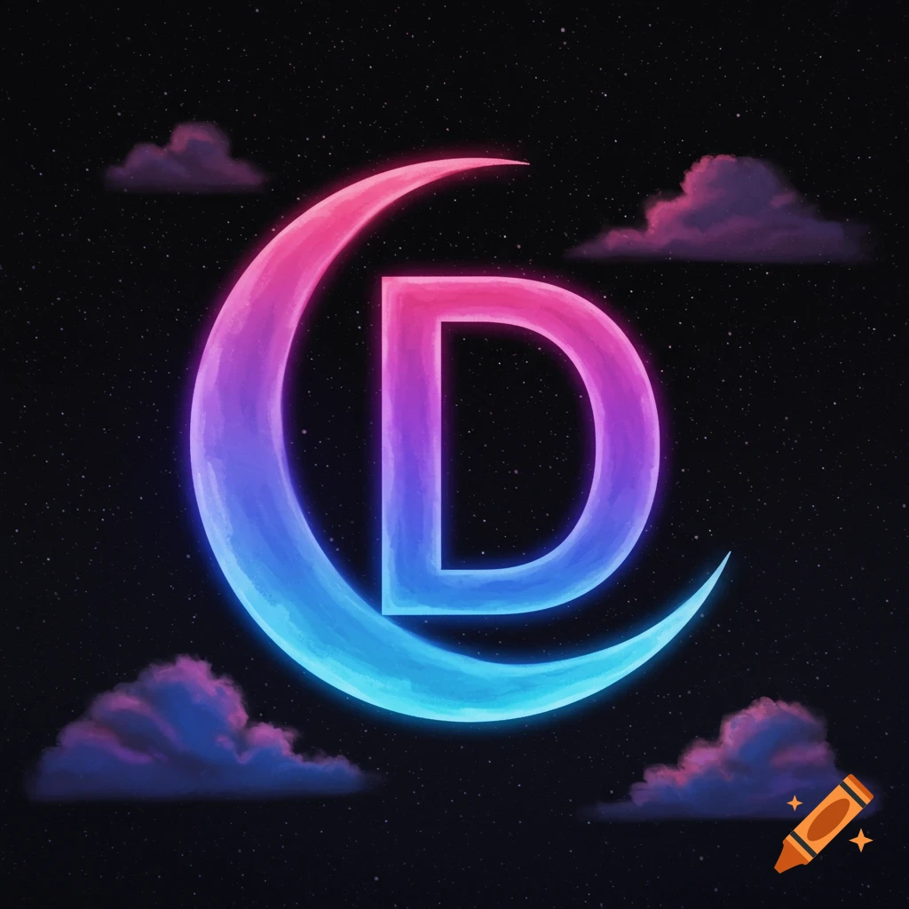 A glowing pink and blue letter D inside a crescent moon in a starry night sky with clouds.