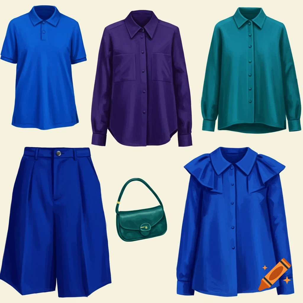 A capsule wardrobe with various blue and purple shirts, blue shorts, and a green handbag.