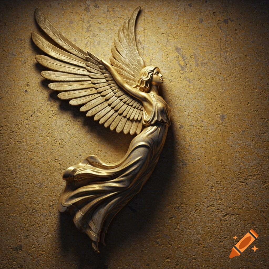 Golden statue of an angel flying on a textured wall, art deco style.