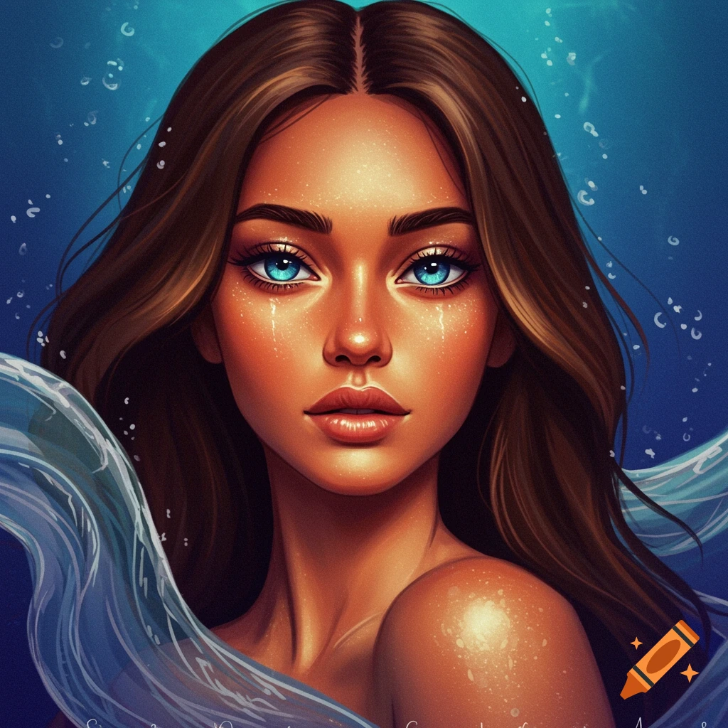 Portrait of a woman with brown hair and blue eyes underwater.