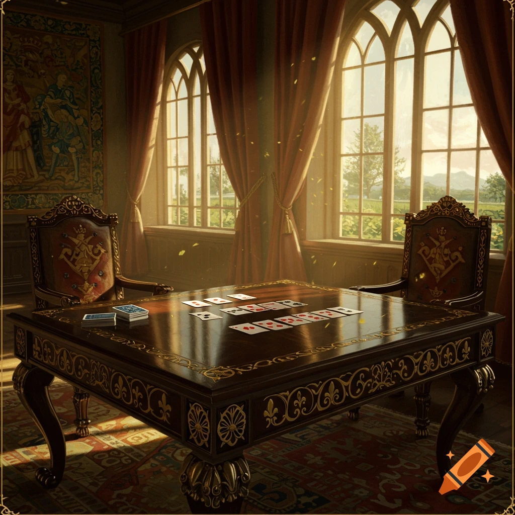 A grand room with a table set for solitaire