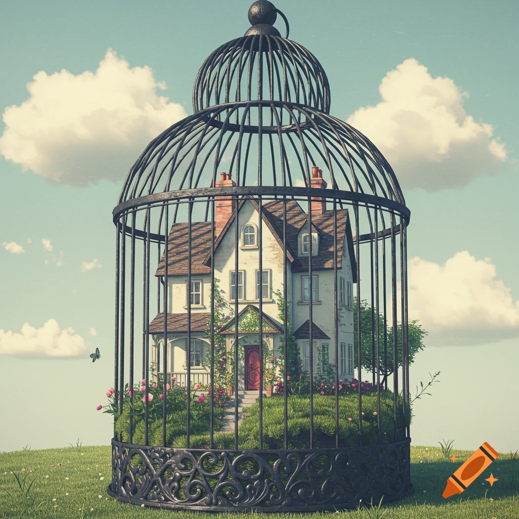 A small house is enclosed within a large decorative bird cage on a grassy hill.