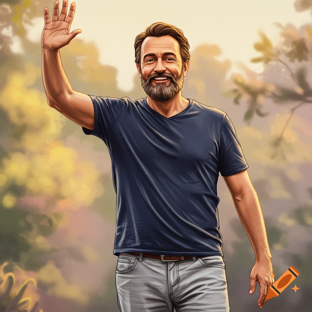 A man with a beard is smiling and waving outdoors.