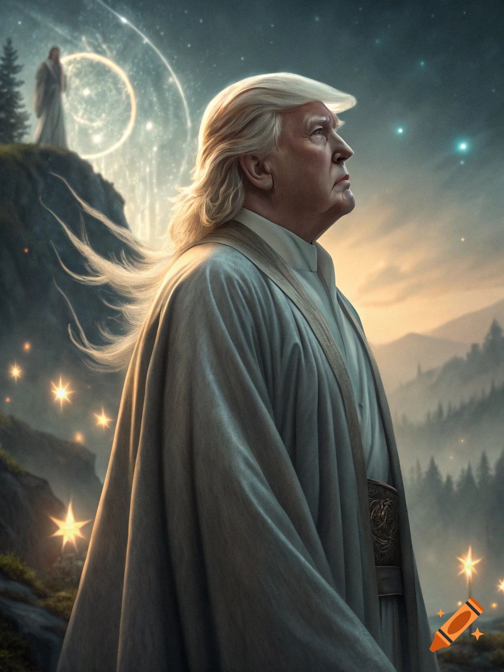 Fantasy art of Donald Trump in robes, looking at stars in a mountain landscape