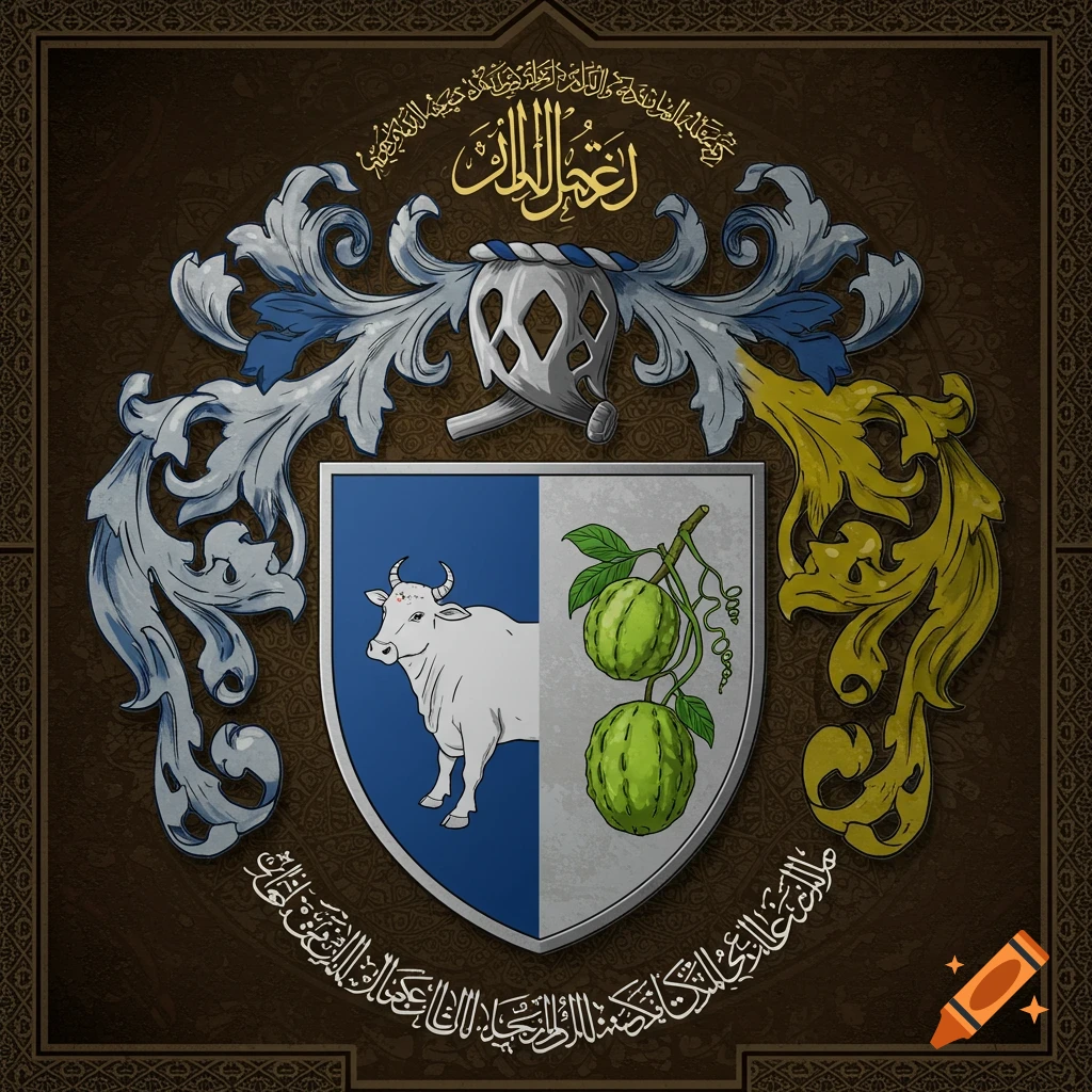 Digital art of a family crest with cow, sweetsop fruit, heraldic elements, and Arabic calligraphy on a textured background.