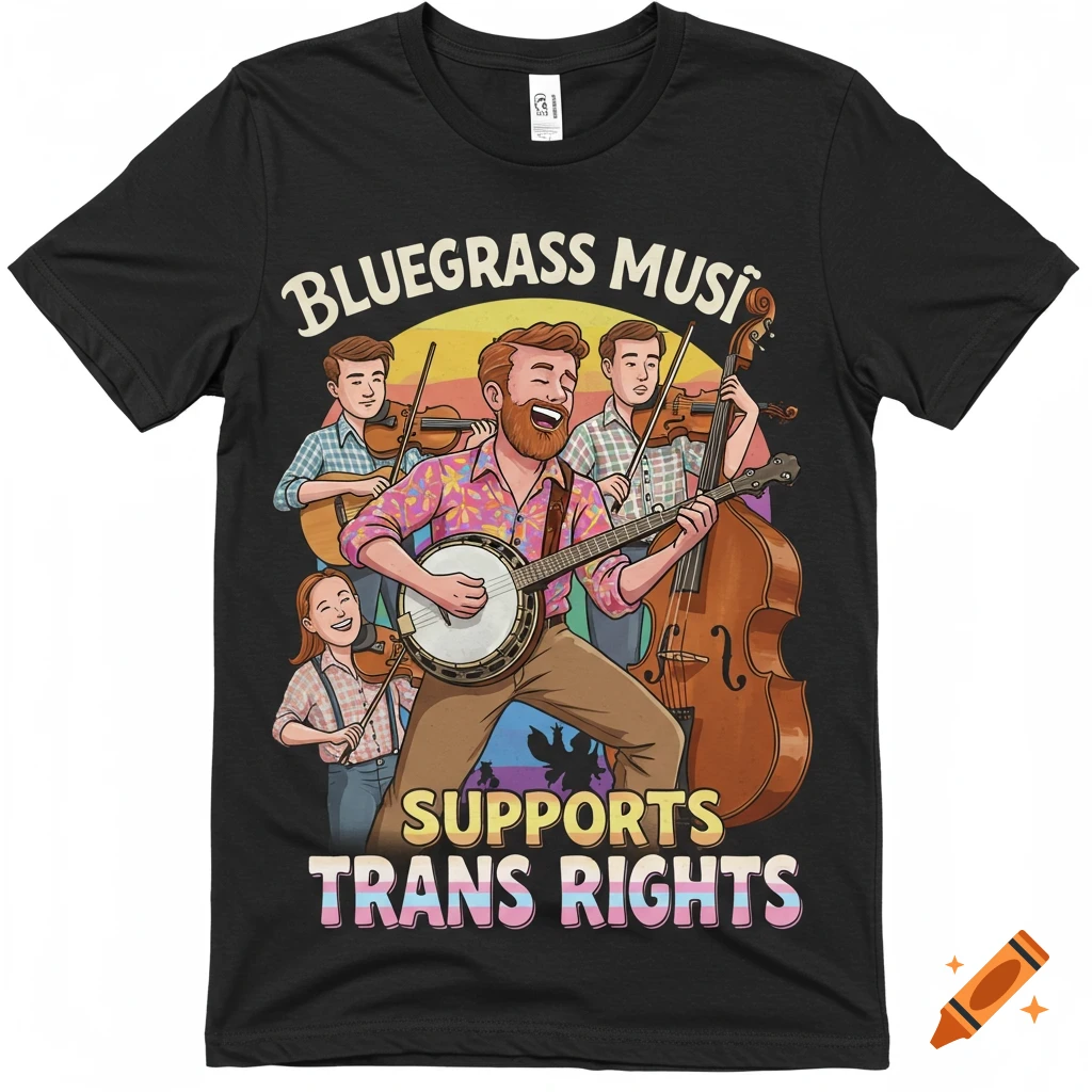 Cartoon bluegrass band playing, with text on shirt reading 'Bluegrass Music Supports Trans Rights'.