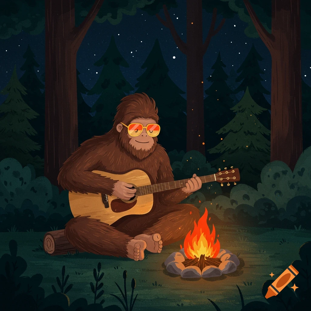 Cartoon Bigfoot playing guitar by a campfire at night