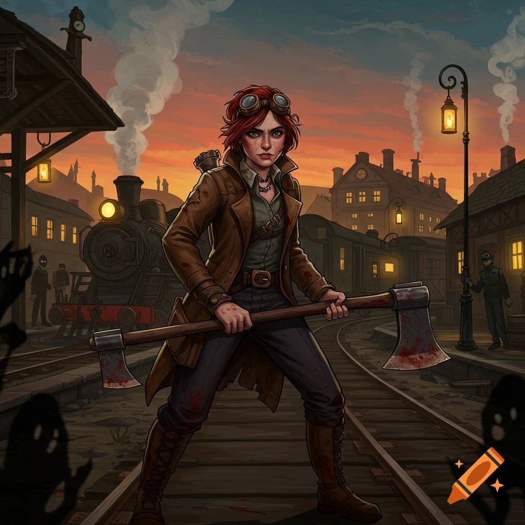 A woman with a large axe stands in a train station at sunset.