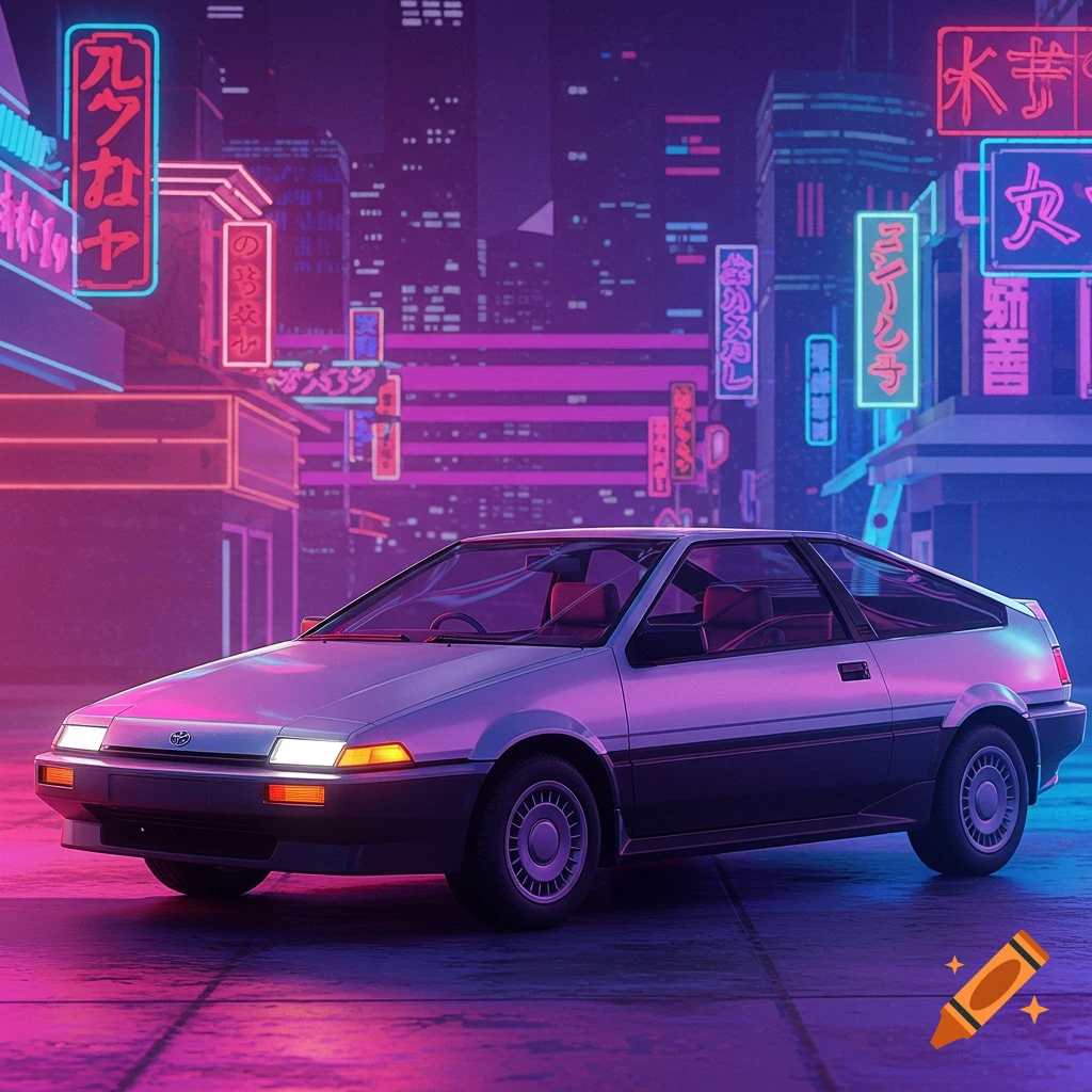 A silver coupe on a neon-lit city street at night, in retrowave style.