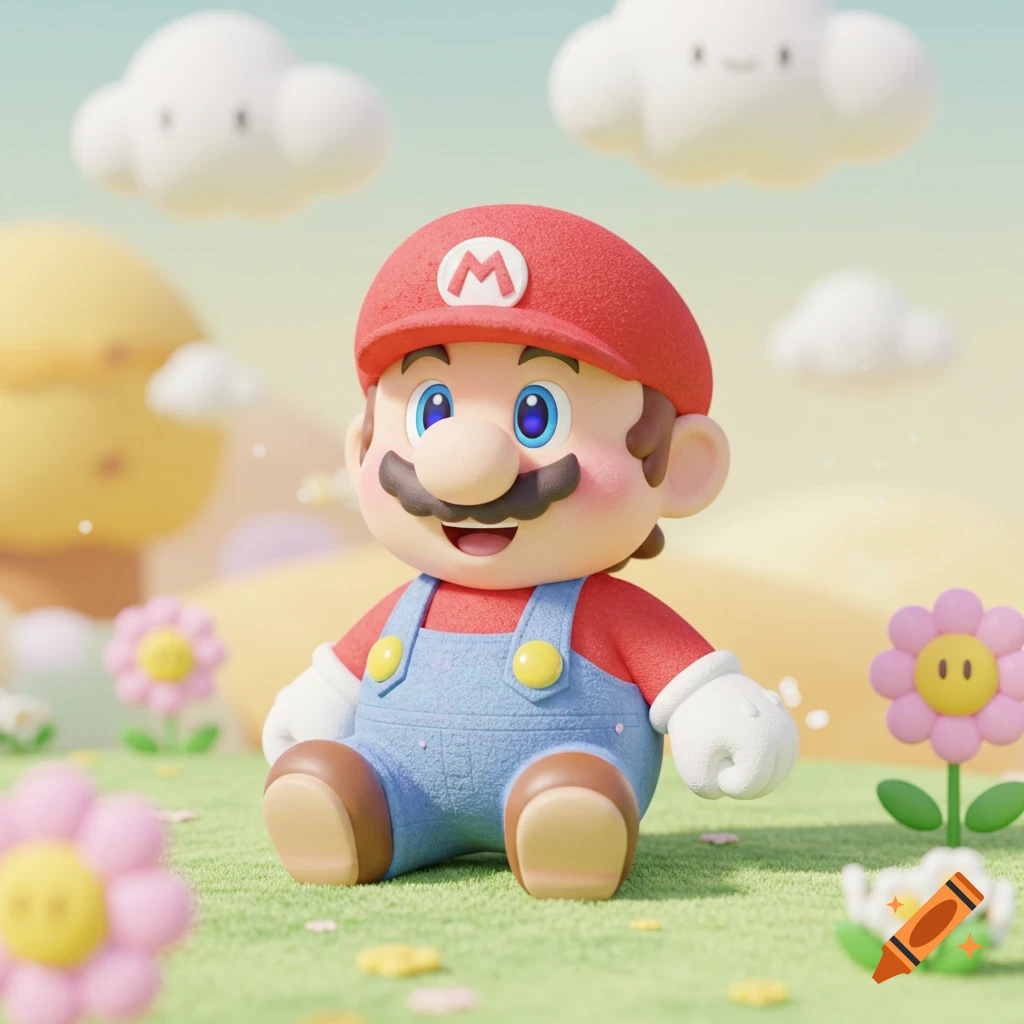Cute, stylized Super Mario sitting in a grassy field with flowers and clouds.