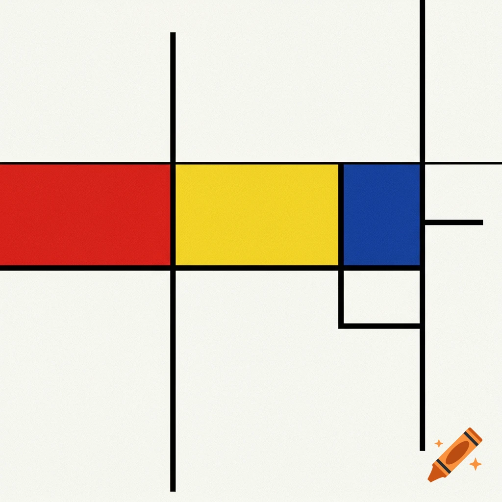 Abstract geometric composition with red, yellow, and blue rectangles and black lines on white.