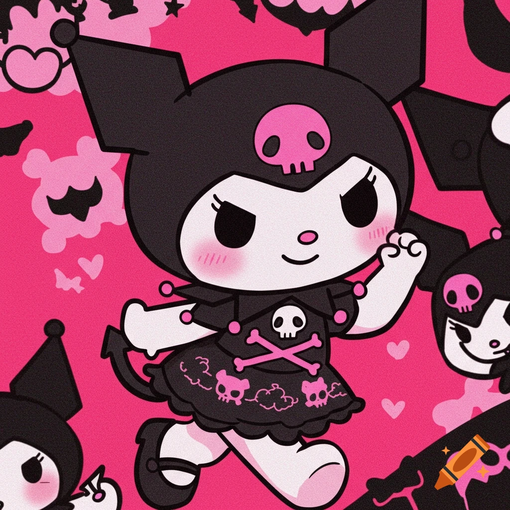 Kuromi cartoon character walking on a pink background with skulls and hearts