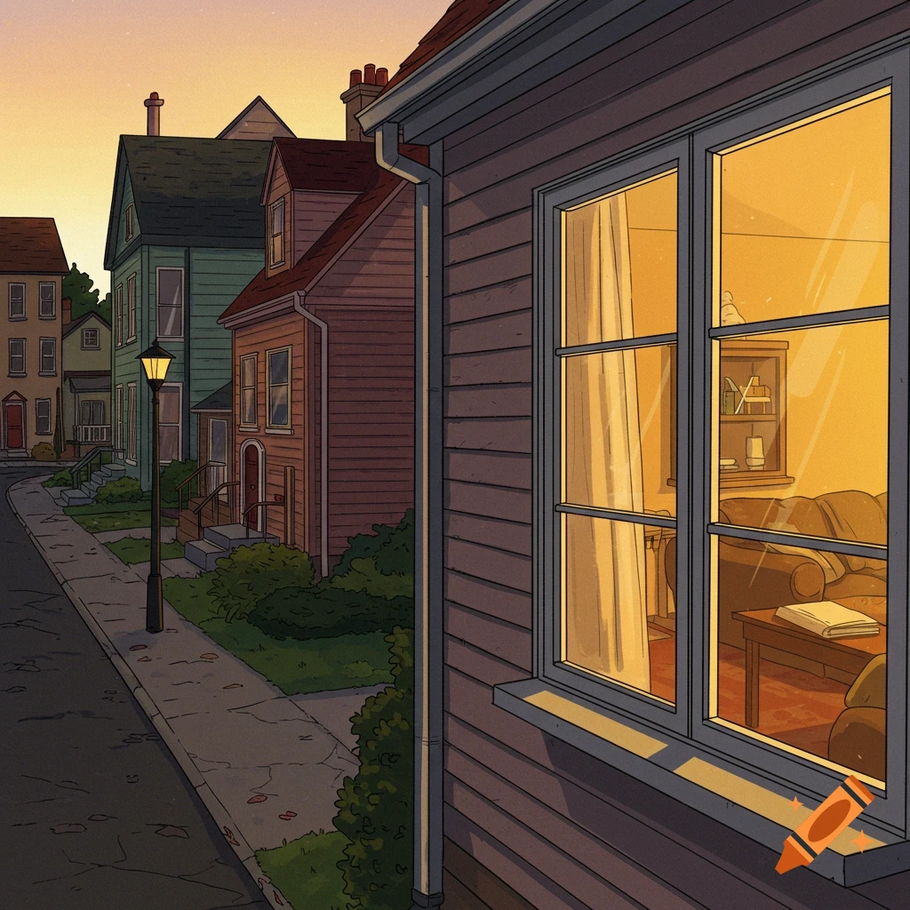 A street view of neighborhood houses at sunset, with a clear view into a living room through a window.
