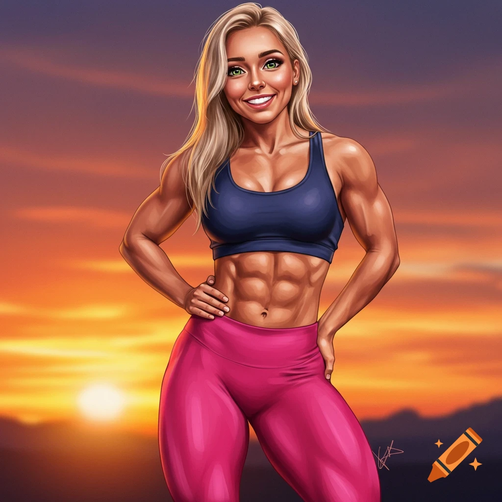 Muscular woman in workout clothes posing against a sunset background.