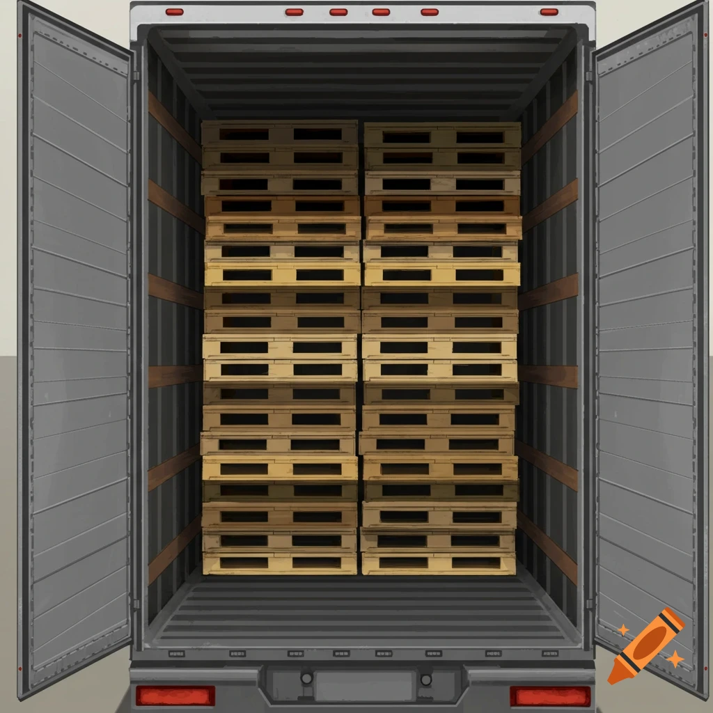 The back of an open semi-trailer is loaded with wooden pallets.