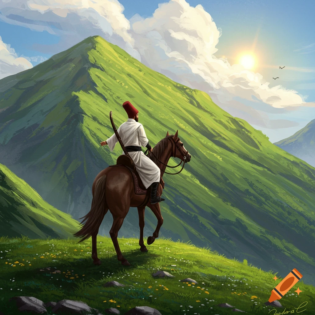 A dervish on horseback on a lush green mountain looking at the sun.