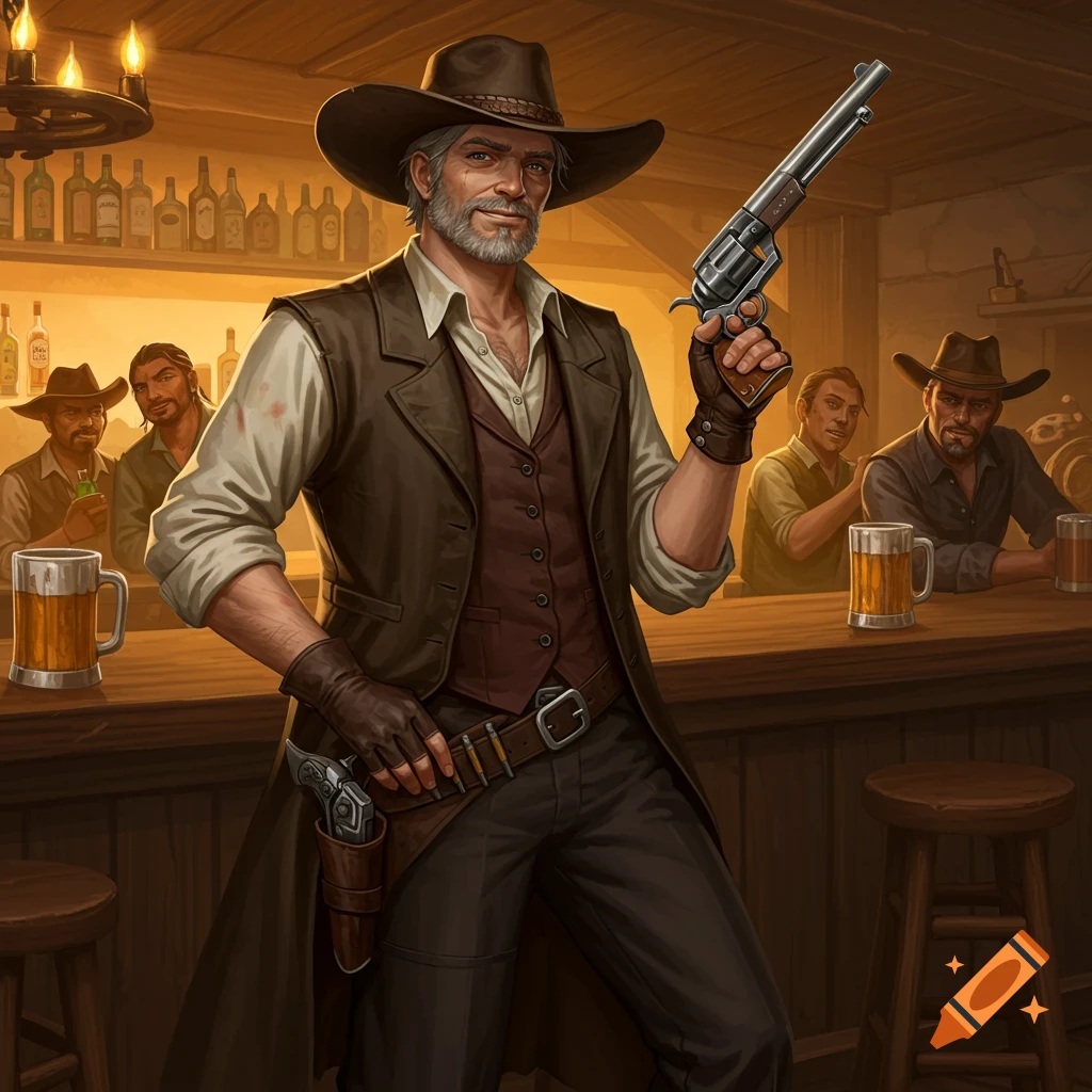 Realistic painting of a male gunslinger holding a revolver in a saloon with other patrons.