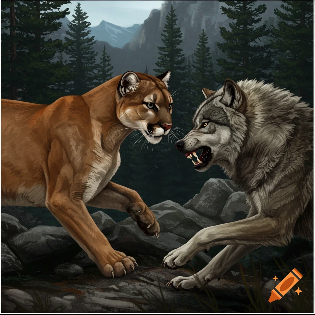 A cougar and a wolf facing each other in a forest.