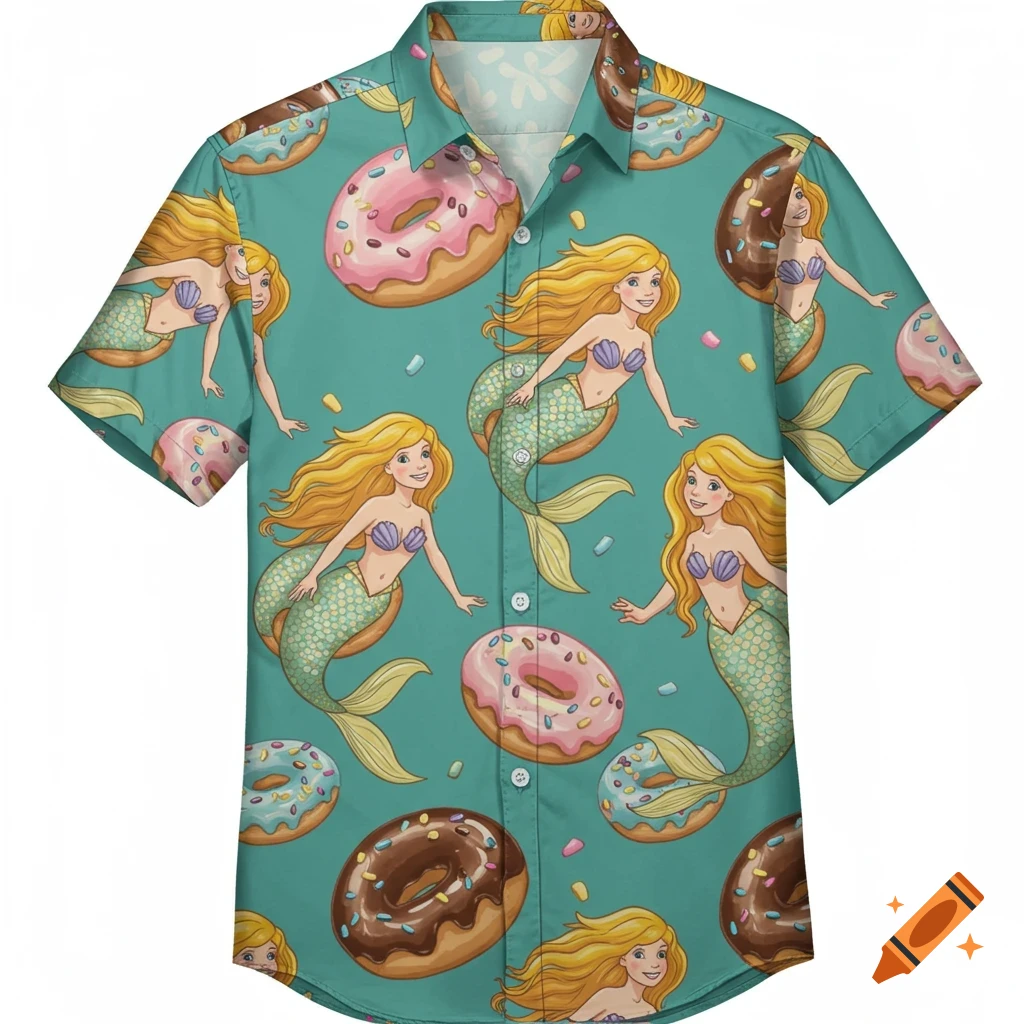 Teal short-sleeve shirt pattern of blonde mermaids and glazed donuts, digital art