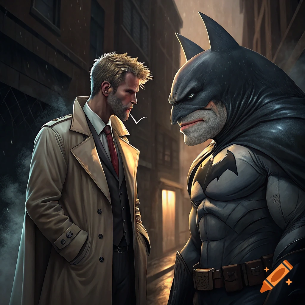 John Constantine faces a stylized Batman in a dark, rainy city street.