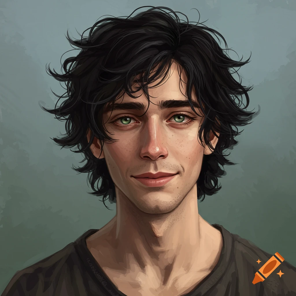 A young man with messy black hair, green eyes, and a slight smile.