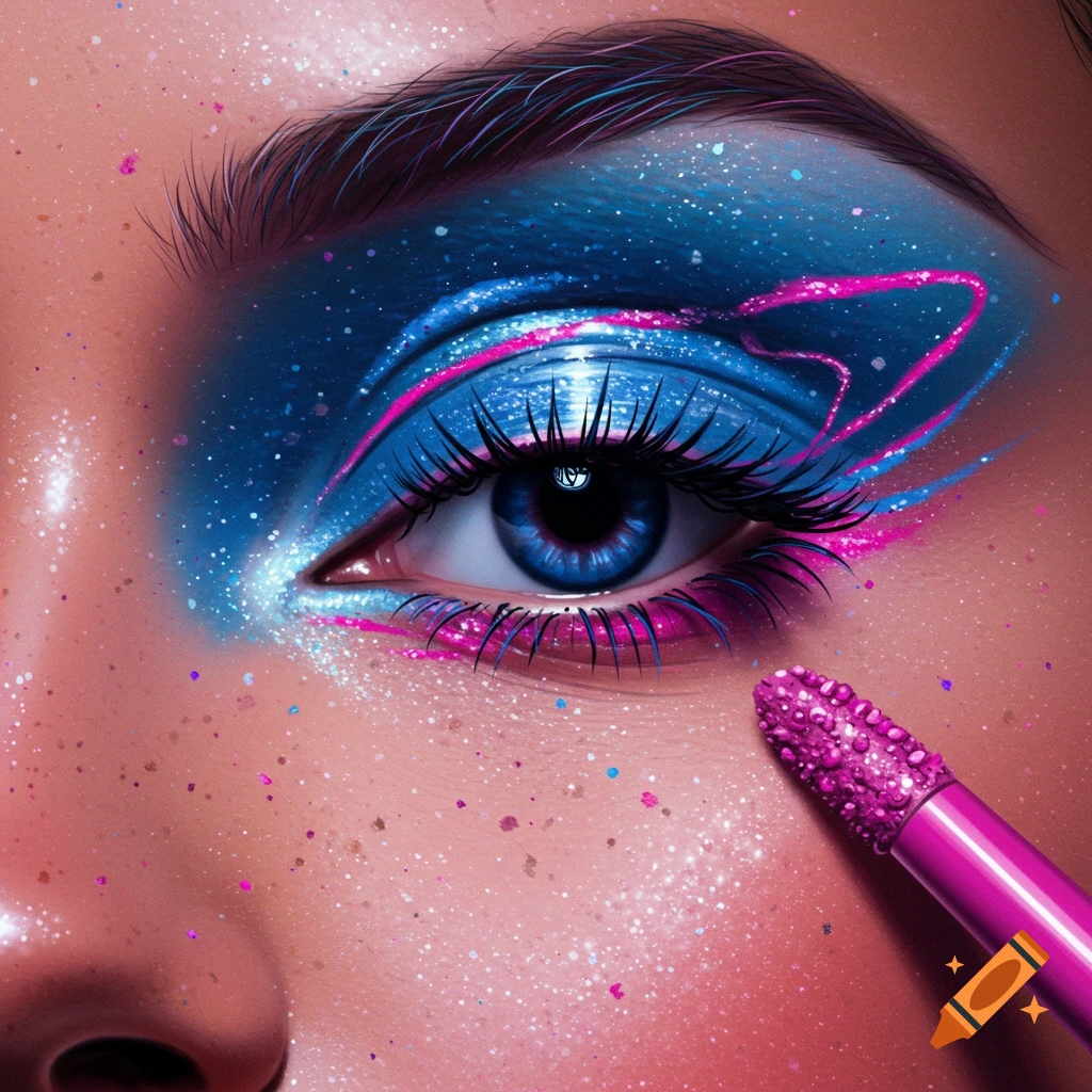 Close-up of an eye with blue and pink glitter makeup and a pink makeup wand