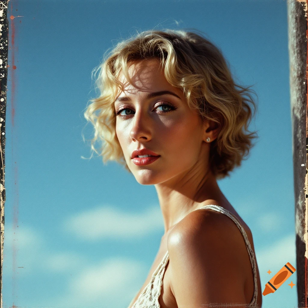 Close-up portrait of a woman with short blonde hair under a blue sky, with a vintage border effect.