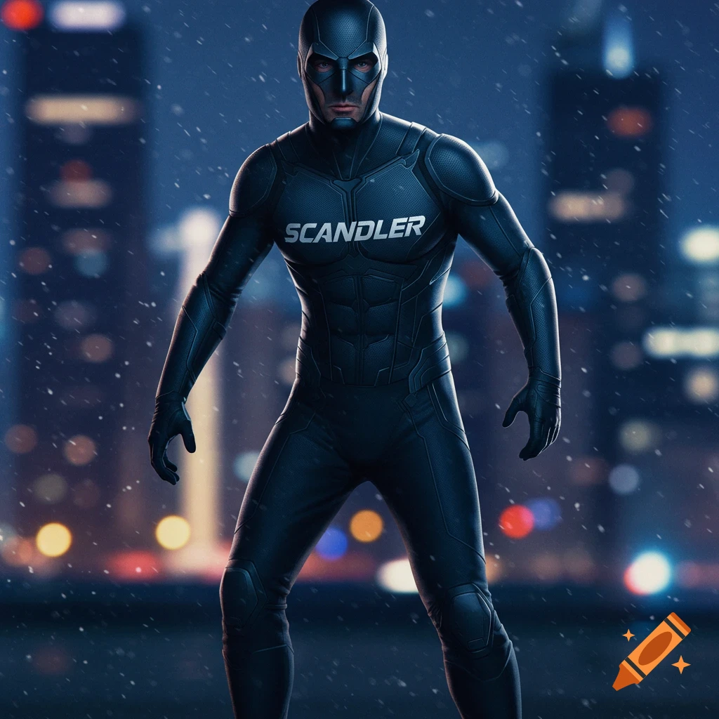 A superhero in a black suit with the word SCANDLER on the chest stands in a rainy city at night. Realistic style.