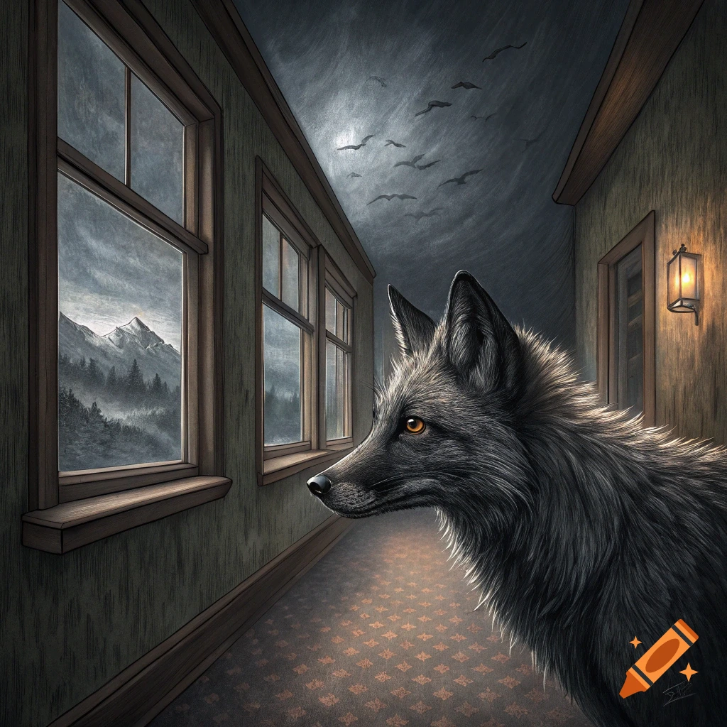 Illustration of a silver fox looking out a hotel window at a stormy mountain landscape.