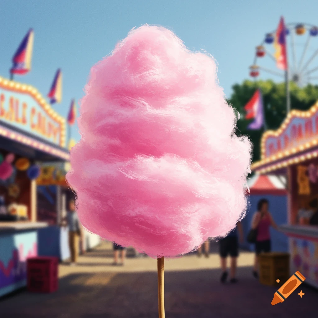 Close-up of pink cotton candy at a blurry fair