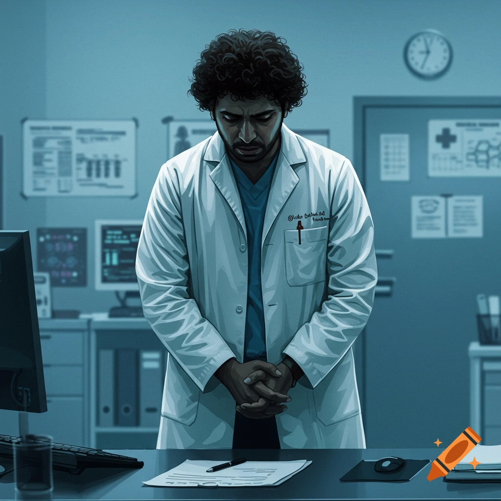 A doctor looking down, hands clasped, standing in a medical office.