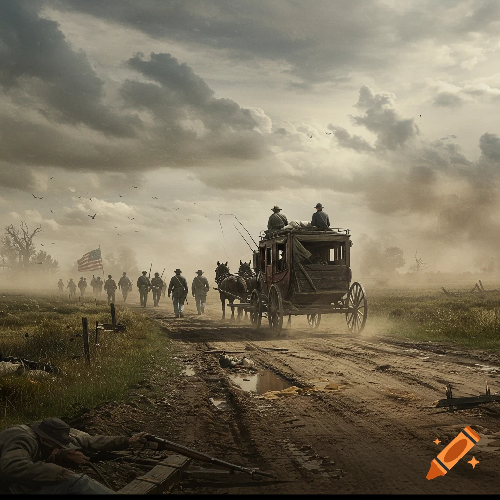 Civil War soldiers and a stagecoach on a muddy road under a stormy sky.