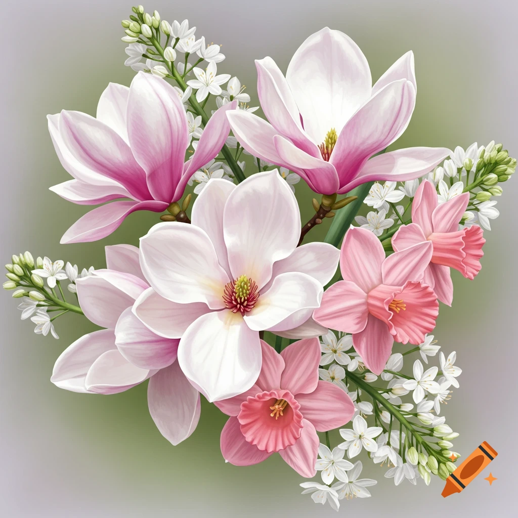 A bouquet with pink magnolias, pink daffodils, and white flowers.