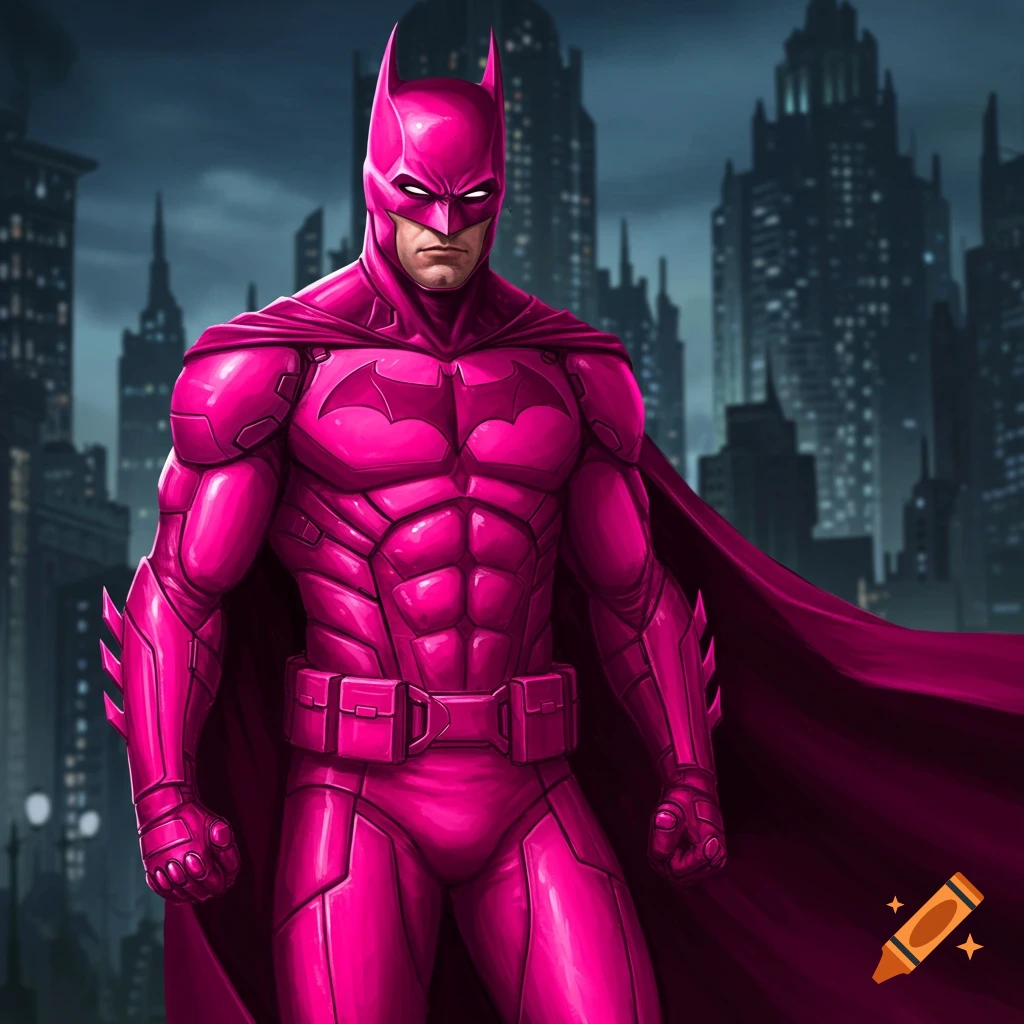 Batman in a pink suit standing before a city skyline.