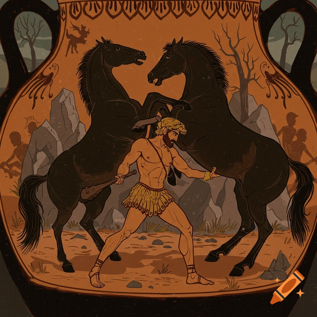 Man battles two black horses in ancient Greek pottery art style.