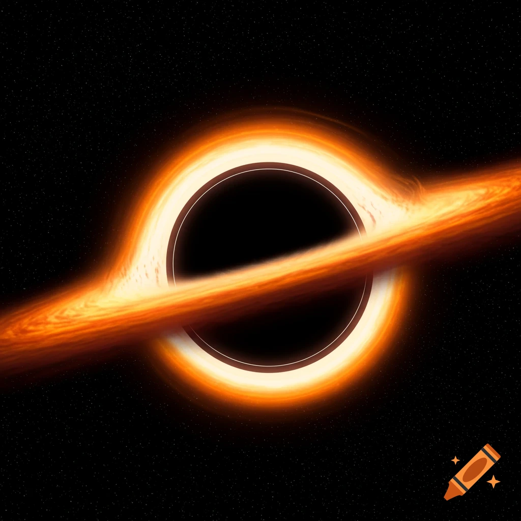 A black hole with a bright orange and red accretion disk against a starry background.