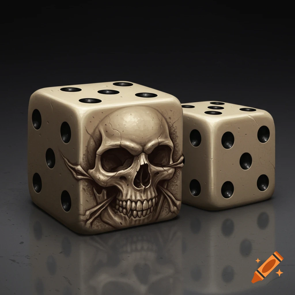 Two dice, one featuring a detailed skull design.