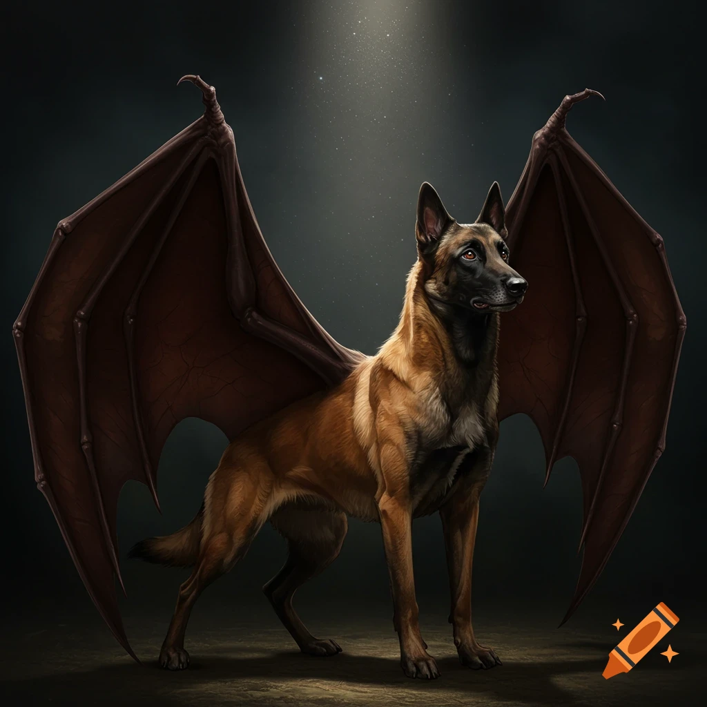 A Belgian Malinois dog with large bat wings