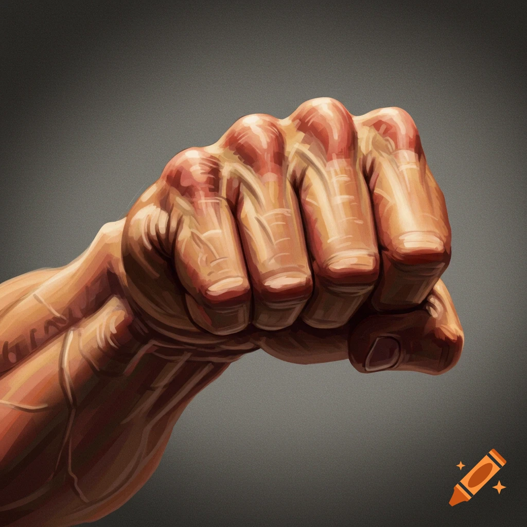 A clenched fist against a gray background.