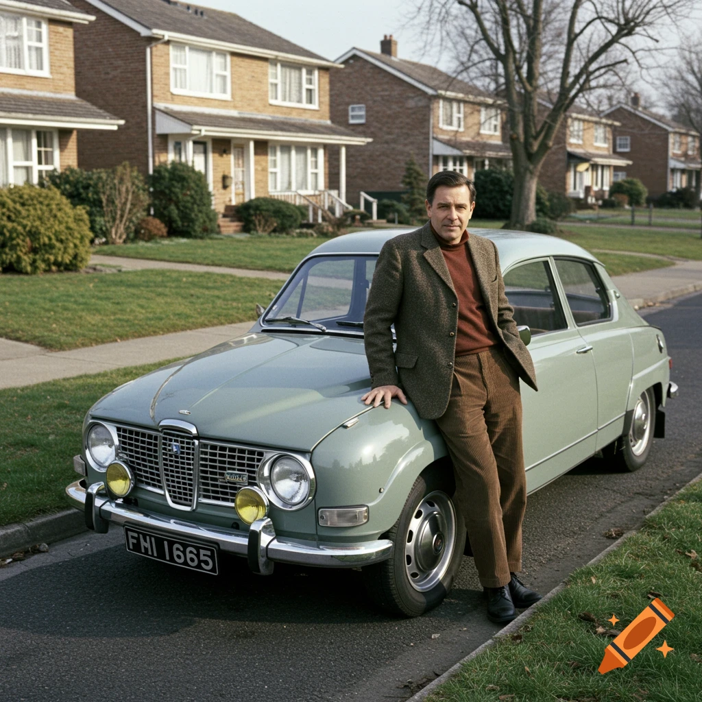 A man in a tweed jacket stands leaning on a vintage light green Saab on a street in front of houses.