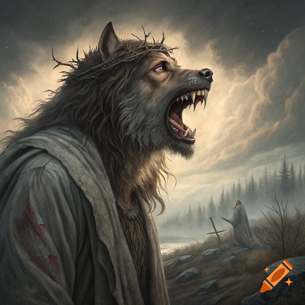 Werewolf creature in robe and crown of thorns roaring in a stormy landscape with a figure kneeling at a cross.