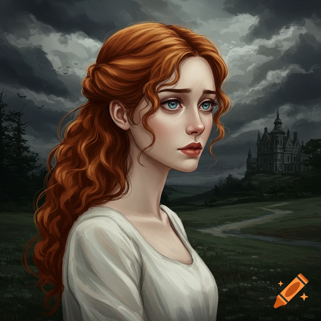 A woman with red hair and blue eyes stands in a dramatic landscape with a castle under stormy skies.