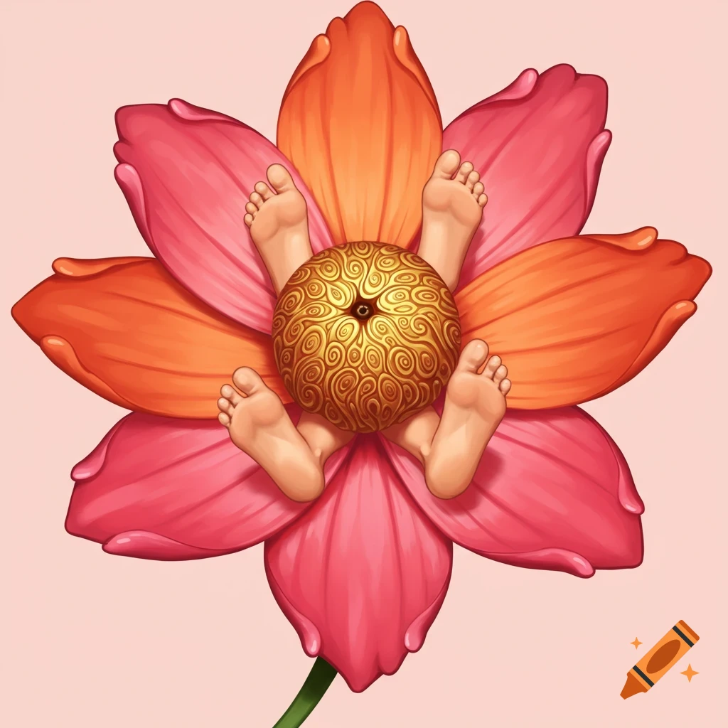 Human feet are arranged as petals on a pink and orange flower with a golden patterned center.